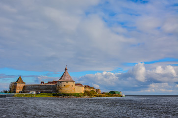 Preserved buildings of the ancient fortress on the island of Nut at the mouth of the Neva river.