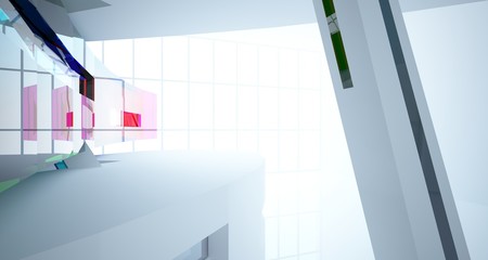 Abstract white and colored gradient glasses interior multilevel public space with window. 3D illustration and rendering.