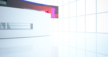 Abstract white and colored gradient glasses interior multilevel public space with window. 3D illustration and rendering.