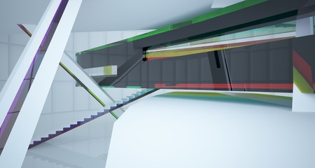 Obraz premium Abstract white and colored gradient glasses interior multilevel public space with window. 3D illustration and rendering.