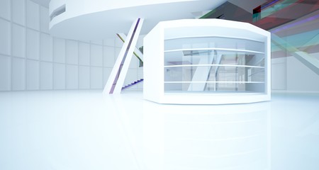 Abstract white and colored gradient glasses interior multilevel public space with window. 3D illustration and rendering.