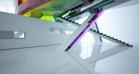 Abstract white and colored gradient glasses interior multilevel public space with window. 3D illustration and rendering.