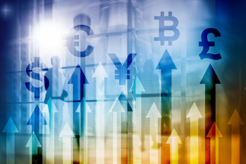 Double exposure business and financial concept. Currency growth arrows. Stock trading and forex.