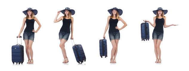 Fototapeta na wymiar Girl with suitcases isolated on white