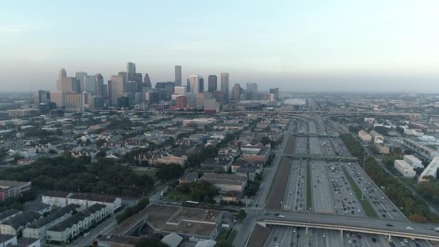 This video is about an aerial of traffic on freeway near downtown Houston. This video was filmed in 4k for best image quality.