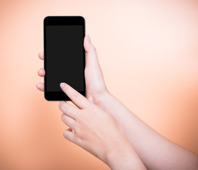 Fototapeta na wymiar Female finger touch smartphone plus blank black screen