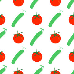 Vegetable seamless pattern with cucumbers and tomatoes on a white background. Healthy food backdrop for your design. Vector illustration.