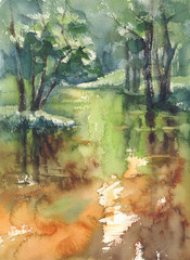 forest and river landscape watercolor background