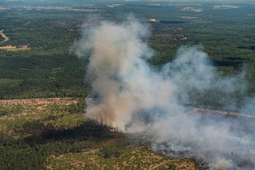 Rauchschwaden und Feuerausbreitung eines Brandes im Baumbestand / Wald - Luftbild 