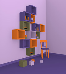 Modernes Wohnen: Regal aus Würfeln in trendigen Farben aus Seitenansicht. 3d render