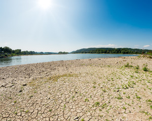 Dried-out riverbed between groins, Rhine, North Rhine-Westphalia, Germany