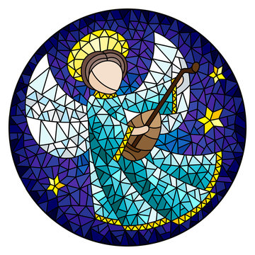 Illustration in stained glass style with an abstract angel in pink robe play the lute , round picture