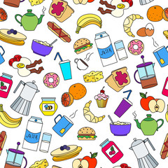 Seamless pattern on Breakfast and food theme, simple color icons on white background