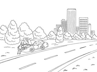 Broken car graphic black white road landscape city sketch illustration vector. Woman standing