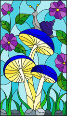 Fototapeta na wymiar Illustration in stained glass style snail on the mushroom , on the background branches with leaves , grass and sky