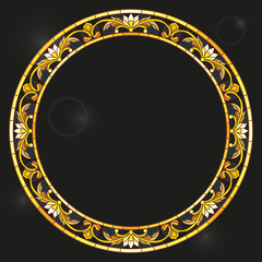Illustration in stained glass style frame with floral,golden flowers and leaves on a dark background.