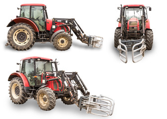 Tractor with  lift for carrying bales of hay and silage. Three isolated photos. Front,side and general view of the machine. The equipment for a farm.