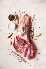 Raw fresh Lamb Meat shank and seasonings on gray concrete background