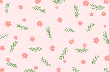 Cute botanics pattern with pink flower and green leaf on pastel pink background in minimal and abstract style look so sweet for wallpaper and all design. Concept about environment and plants.