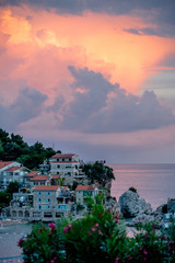 Summer sunset in Przno bay in Montenegro 