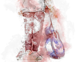 Abstract beautiful playing acoustic Guitar in the foreground on Watercolor painting background and Digital illustration brush to art.