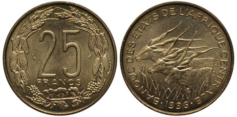 Central African States Currency Union coin 25 twenty five francs 1996, face value and date within plant wreath, three antelopes with horns in grass, 