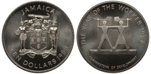 Jamaica Jamaican coin 10 ten dollars 1988, subject worker is the cornerstone of development, coat...