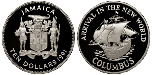 Jamaica Jamaican coin 10 ten dollars 1991, subject Arrival in the New World, coat of arms, two Indians supporting shield, crocodile above, Columbus sailing ship Pinta, 