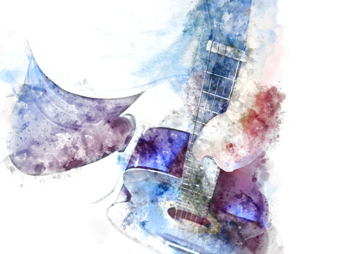 Abstract beautiful playing acoustic Guitar in the foreground on Watercolor painting background and Digital illustration brush to art.