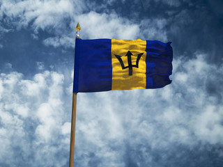 Barbados flag Silk waving flag of Barbados made transparent fabric with wooden flagpole gold spear on background sunny blue sky white smoke clouds real retro photo Countries of world 3d illustration