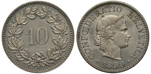 Switzerland Swiss coin 10 ten rappen 1899, digits of face value within oak wreath, female head...