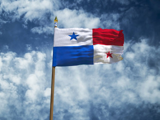 Slovakia flag Silk waving flag of Slovakia made transparent fabric with wooden flagpole gold spear on background sunny blue sky white smoke clouds real retro photo Countries of world 3d illustration