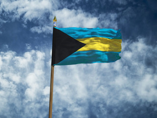 Bahamas flag Silk waving flag of Bahamas made transparent fabric with wooden flagpole gold spear on background sunny blue sky white smoke clouds real retro photo Countries of world 3d illustration