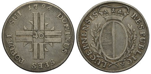 Switzerland Swiss silver coin 40 forty kreuzer 1796, canton Luzern, cross-shaped monogram, digits of face value in center, crowned shield flanked by branches,