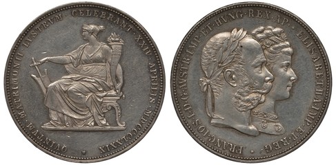 Austria Austrian silver coin 2 two florins 1879, subject Silver Marriage, woman with helm and horn...
