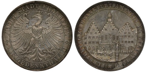 German Germany City of Frankfurt silver 1 one thaler 1863, eagle, subject Assembly of princes, royal standards, old buildings, town hall with clock, military orchestra at left, carriage pulled by hors