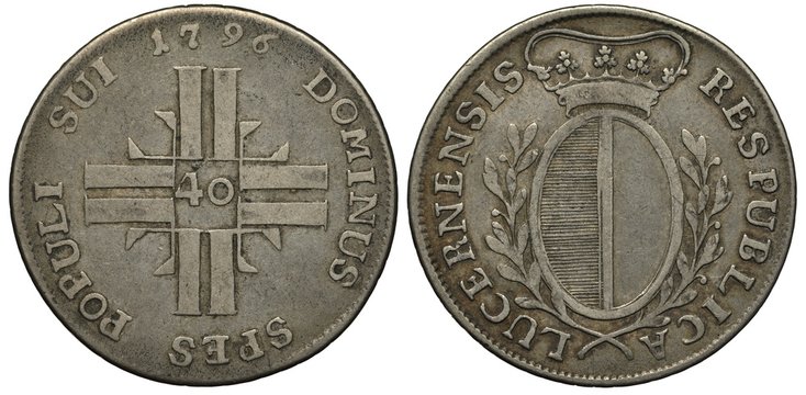 Switzerland Swiss silver coin 40 forty kreuzer 1796, canton Luzern, cross-shaped monogram, digits of face value in center, crowned shield flanked by branches,