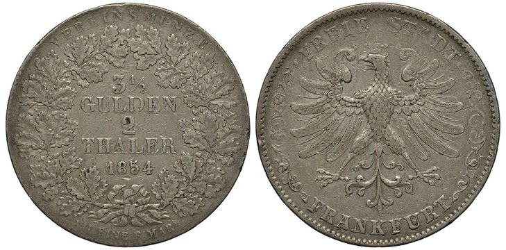 German Germany City of Frankfurt silver coin 3-1/2 three and a half gulden or 2 two thalers 1854, face value and date within oak wreath, eagle,