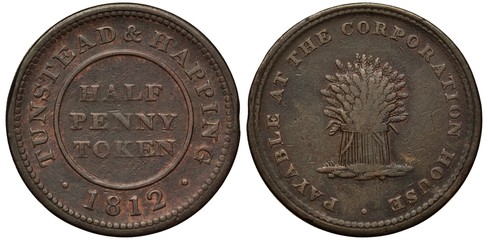 United Kingdom British copper token 1/2 half penny issuer Tunstead and Happing, sheaf of wheat, 