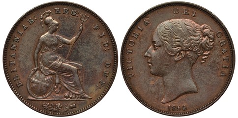 United Kingdom British coin 1 one penny 1854, large type, seated Britannia holding oval shield and...