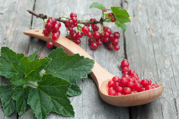 Ripe, juicy berries of red currant. Composition in a rustic style with a wooden spoon.