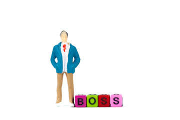 Businessman or manager or boss with BOSS text made from colorful beads or letter bead on white...
