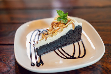 Close up chocolate cake homemade on wooden table