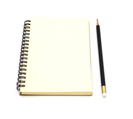 white notebook, paper brown with black pencil isolated on white background