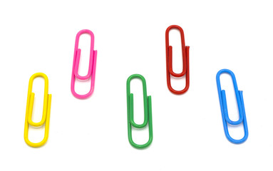 colorful of paper clips isolated on white background