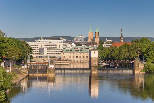 River Fulda and skyline of Kassel, Germany