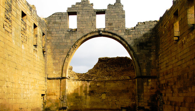 Panorama of ruined Bahira monastery in old city of Bosra, Syria