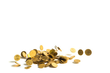 Falling gold coins money isolated on the white background, business money and finance concept.