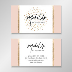 Vector modern business card. Business card design with white and pale pink geometric shapes and faux gold foil confetti.