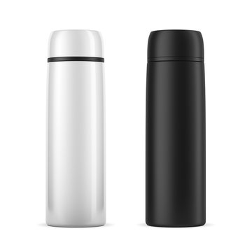 Large white and black travel thermos bottle Mockup isolated on white, 3d rendering